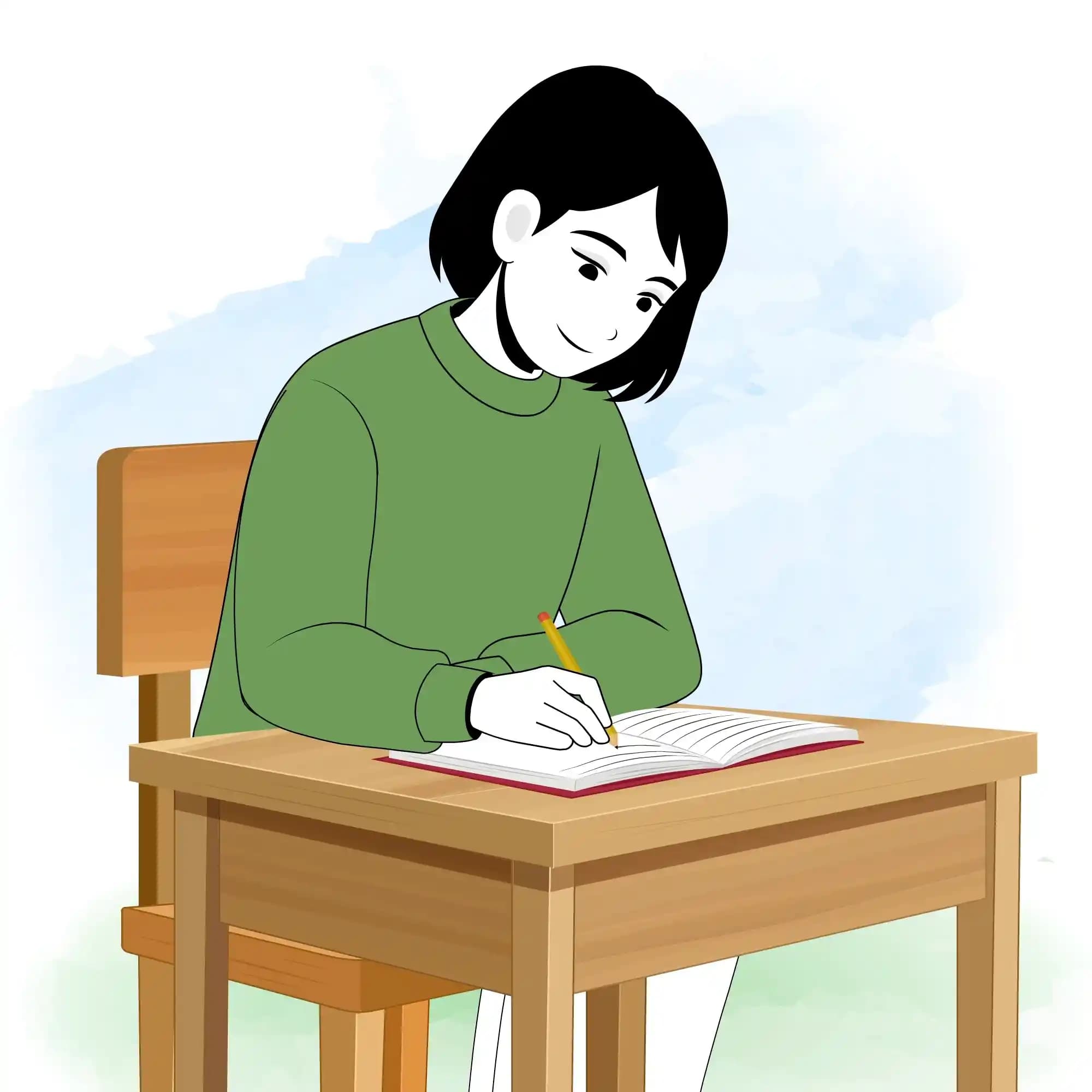 Young girl writing pose animated vector cartoon character AKA Sinhari