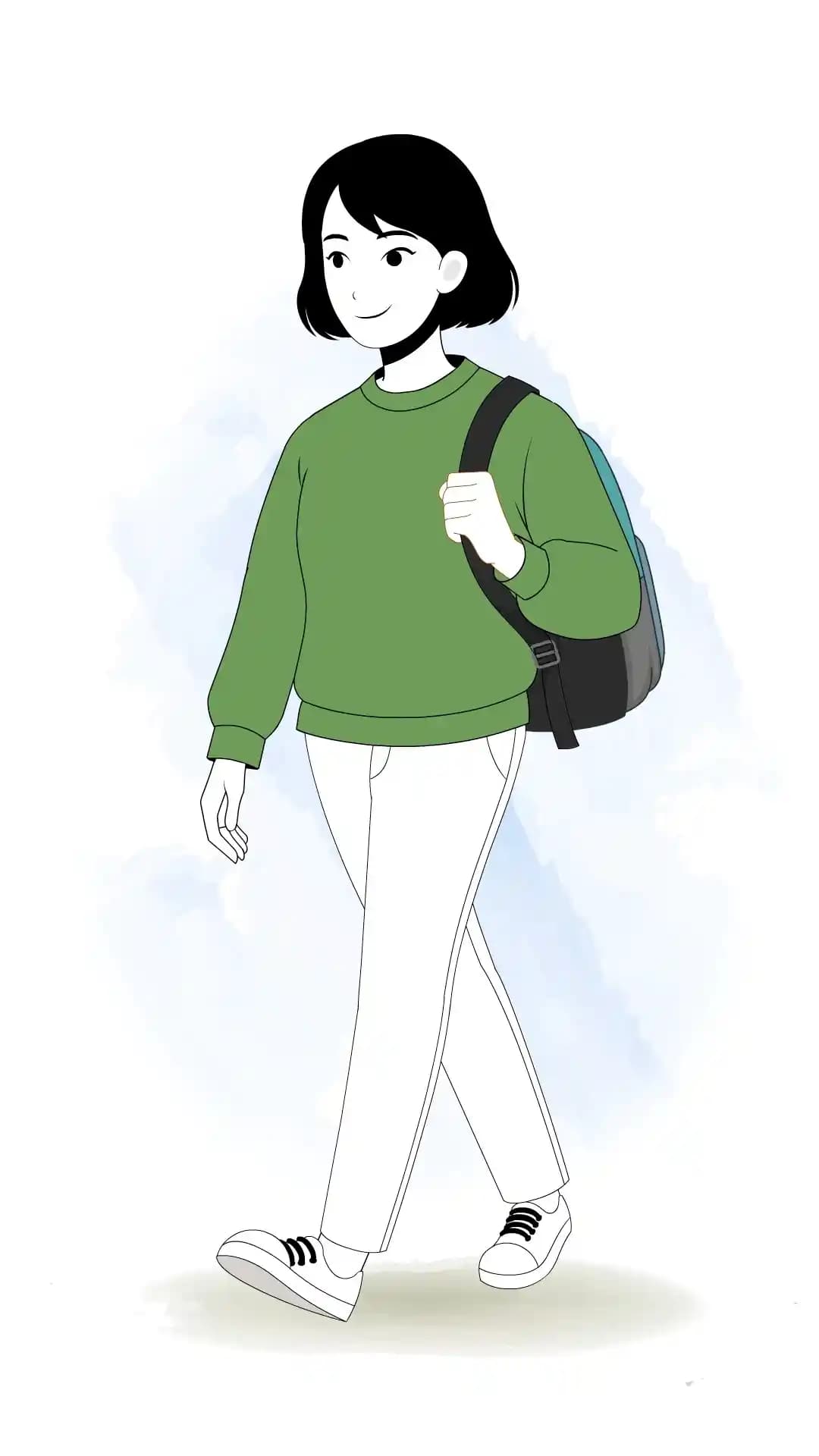 Young girl Onethird walk with College beg animated vector cartoon character AKA Sinhari