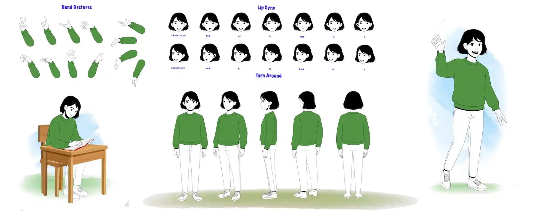 Young Girl Animated Vector Cartoon Character Model Sheet with Hand Gestures, Lipsync & Turnaround AKA Sinhari