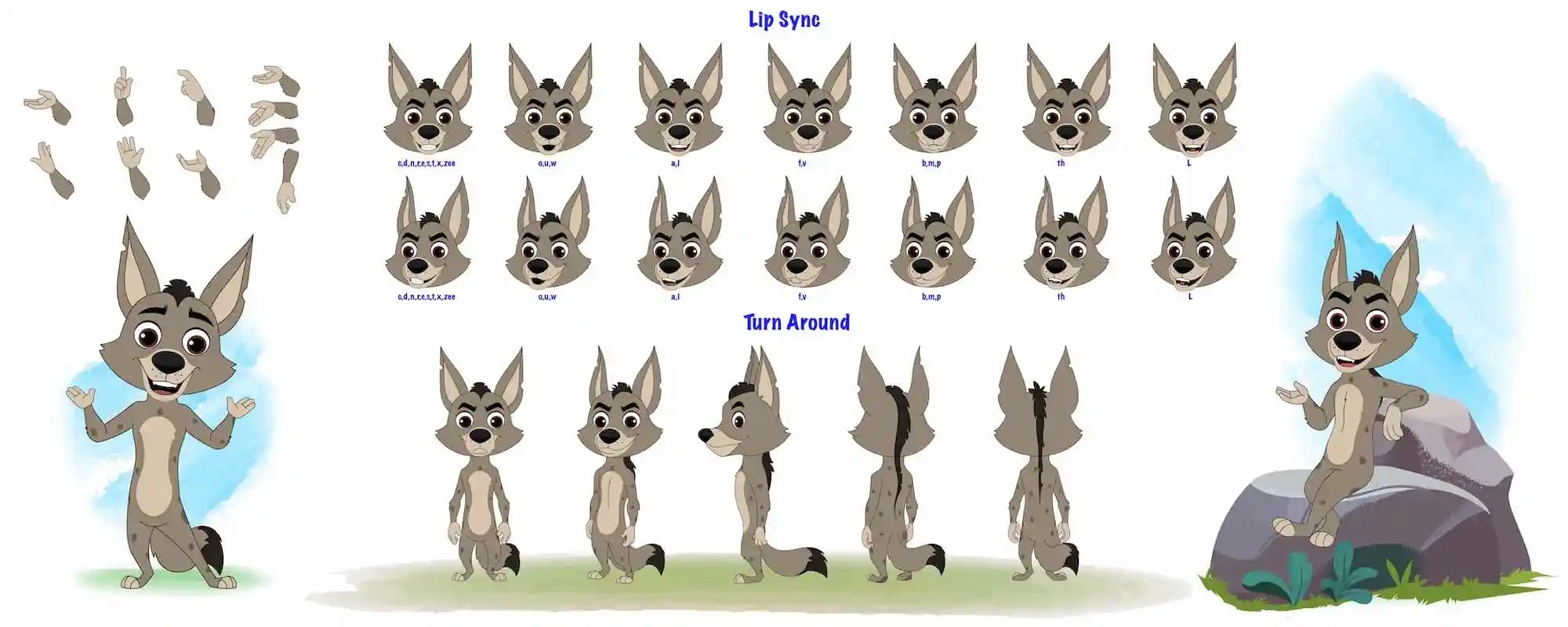 Hyena Animated Vector Cartoon Character Model Sheet with Hand Gestures, Lipsync & Turnaround AKA Nyx