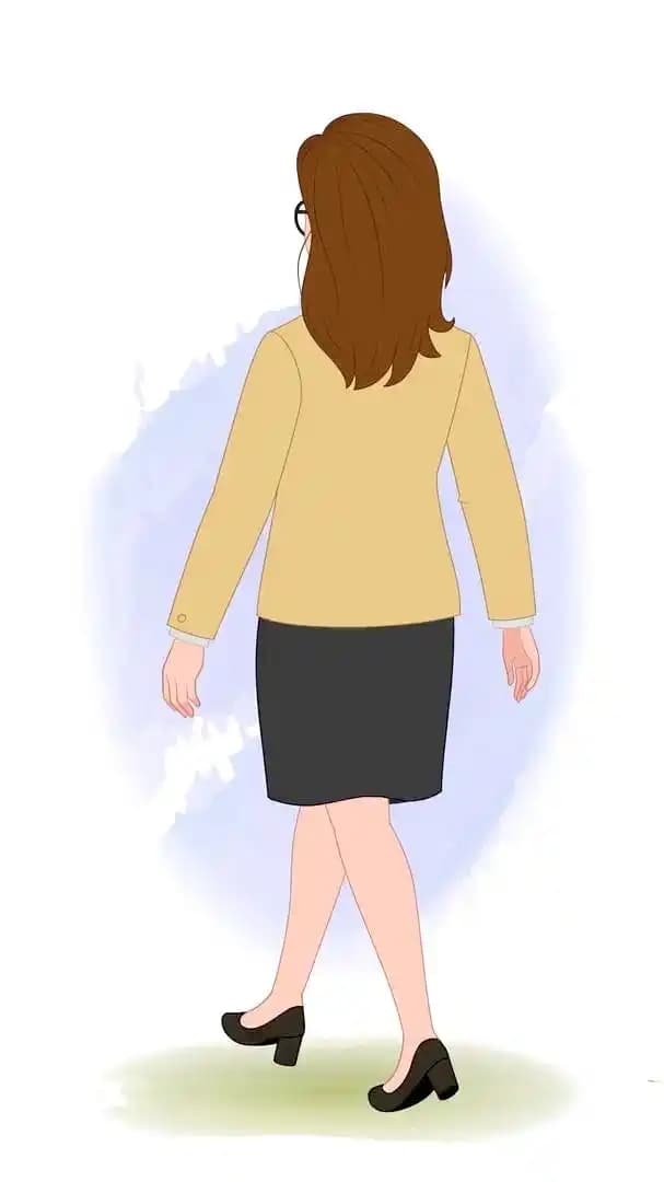 Female business character vector walking in back third view animated pose AKA Seraphina