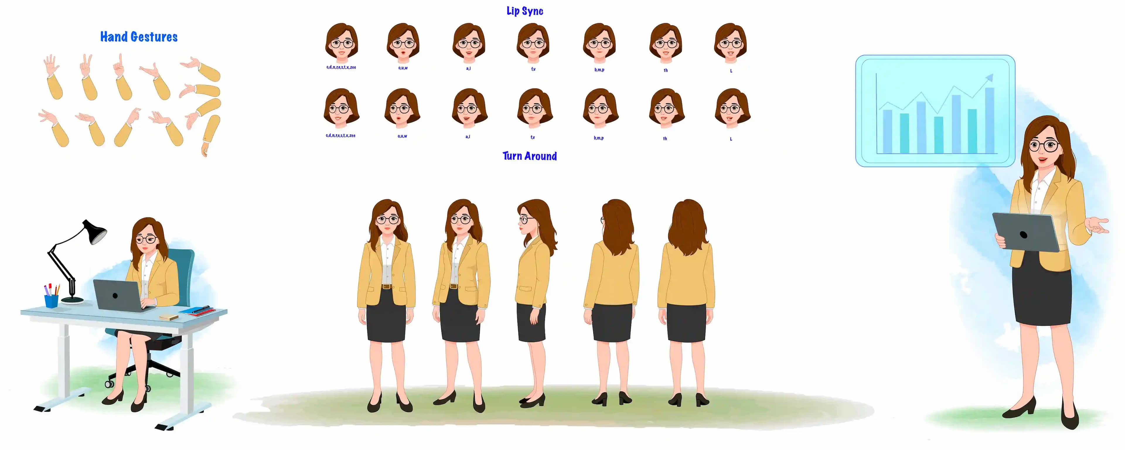Female business character vector model sheet & construction design set for animation AKA Seraphina