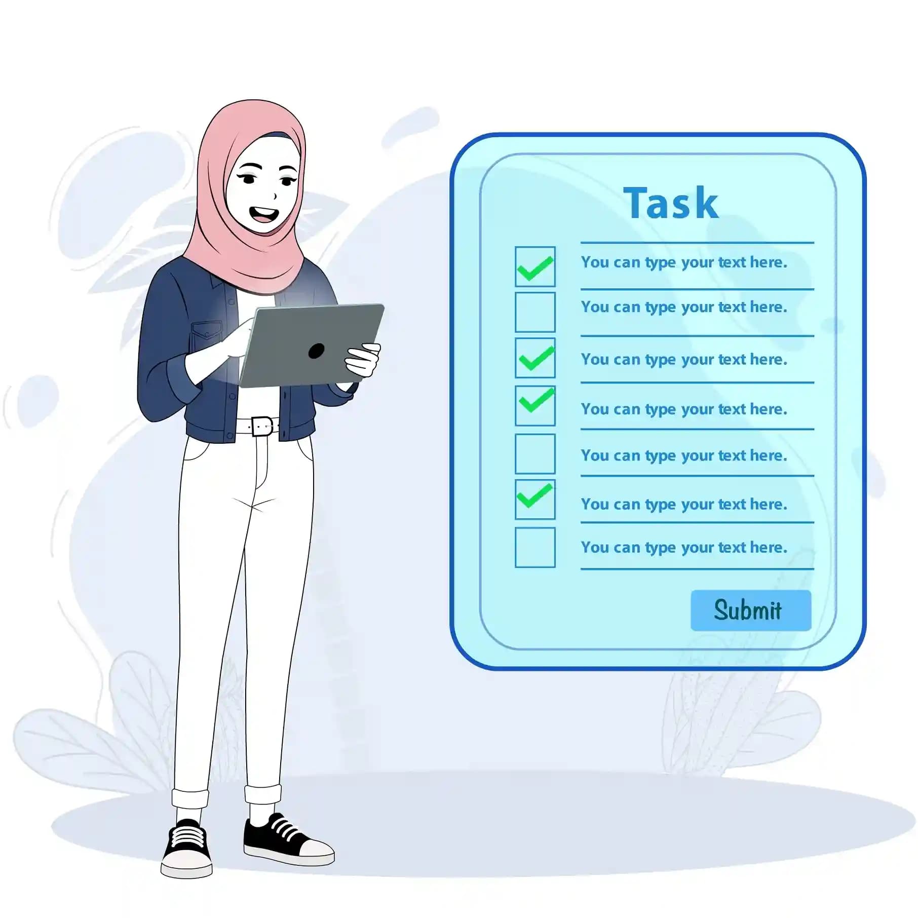 Cute muslim lady using tablet animated vector cartoon character AKA Farah