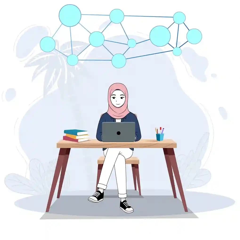 Cute muslim lady study on laptop animated vector cartoon character AKA Farah
