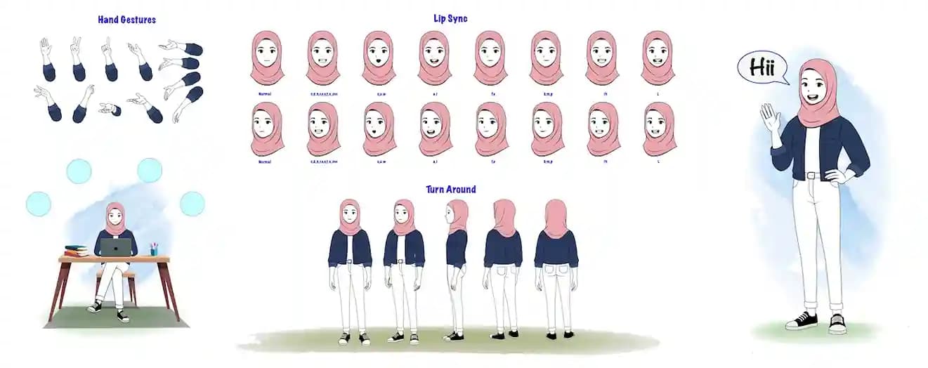 Cute Muslim Lady Animated Vector Cartoon Character Model Sheet with Hand Gestures, Lipsync & Turnaround AKA Farah