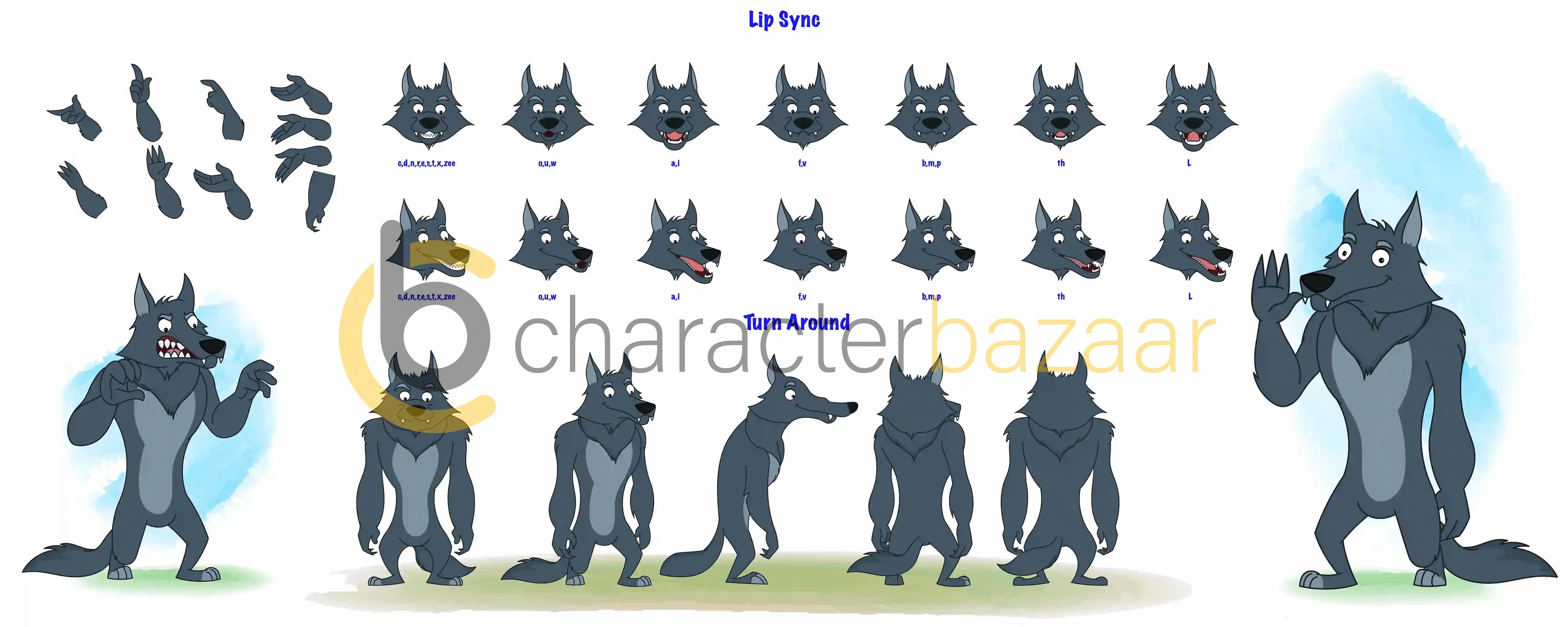 Cartoon character animated wolf model sheet & design set for animation AKA Hunter