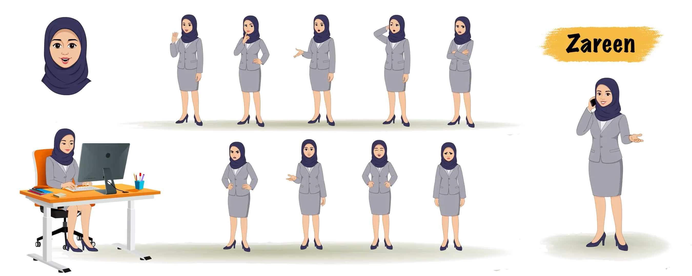 hijab character office employee cartoon vector animated model sheet