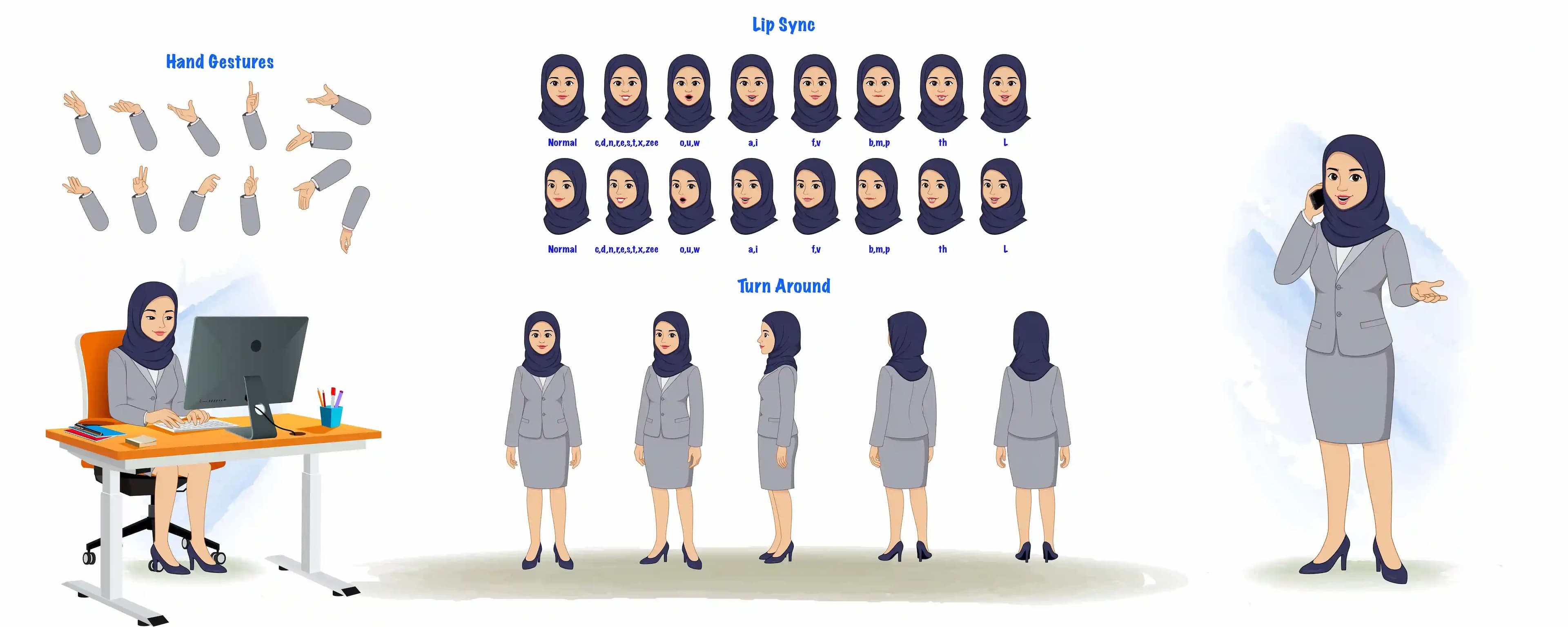 Hijab character office employee vector animated model sheet for animation AKA Zareen