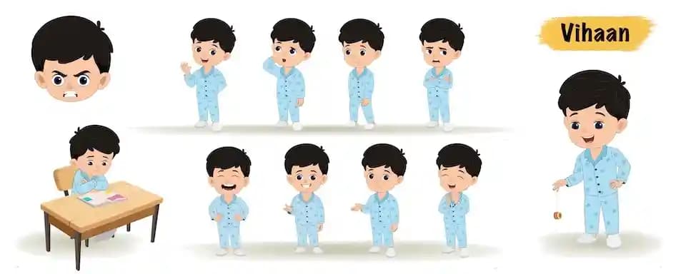 Cute kid animated vector cartoon character model sheet AKA Vihaan
