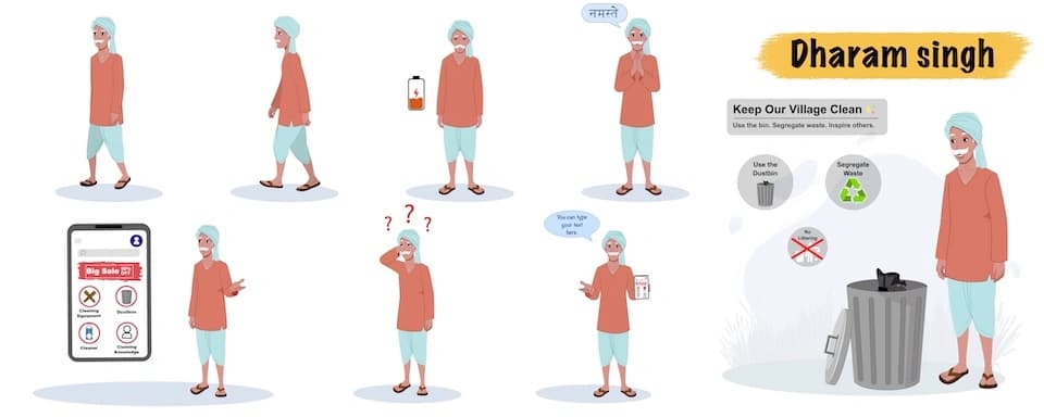 Swachh Bharat Village Character animated Model Sheet,Indian Rural cartoon man vector AKA Dharam Singh