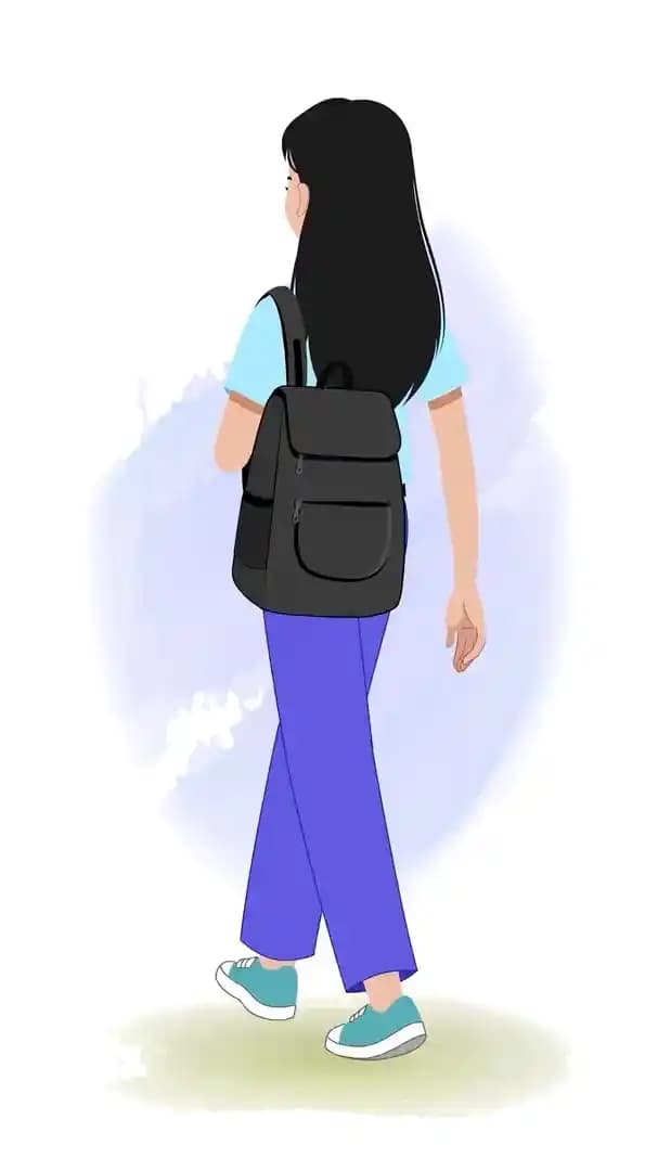 Female college girl vector character walking in back third view animated vector pose AKA Hana