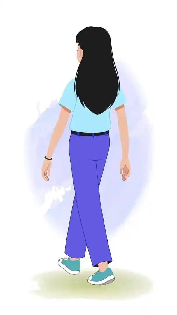 Female college girl vector character walking in back third view animated pose AKA Hana