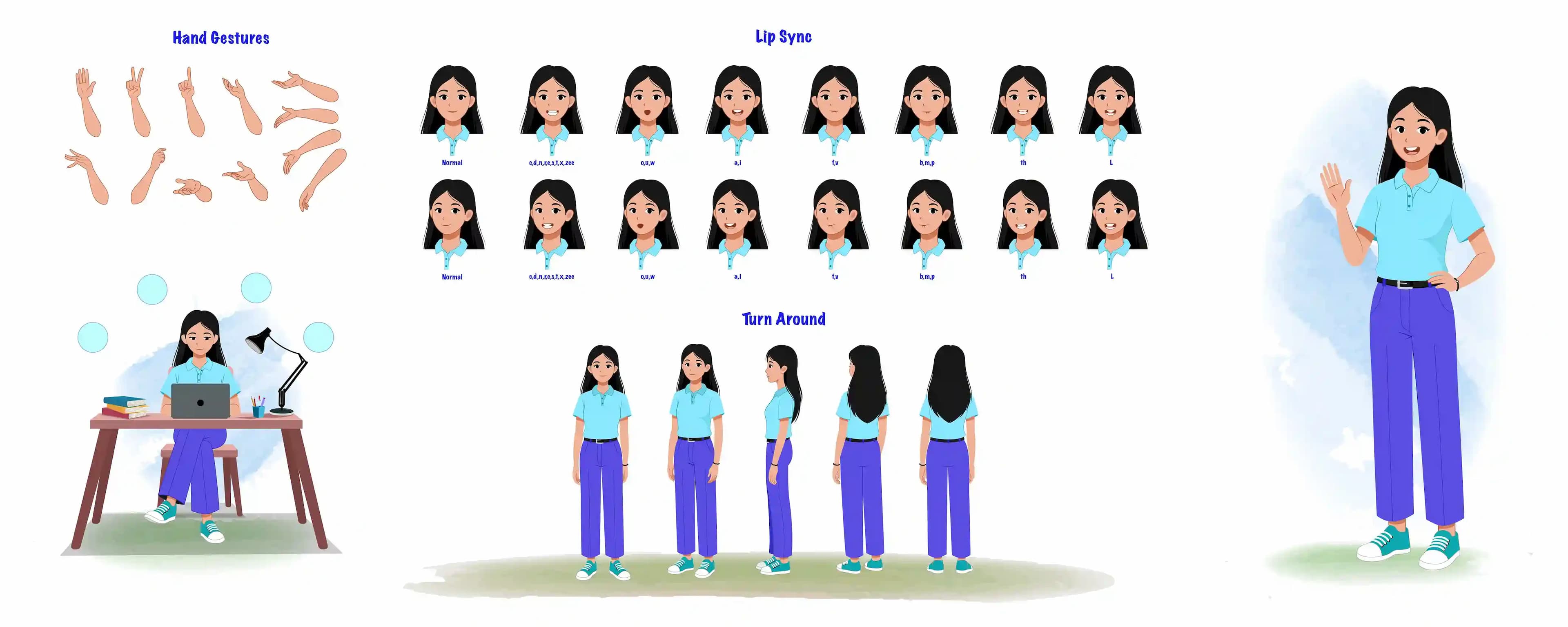 female college girl vector character model sheet & design set for animation AKA Hana