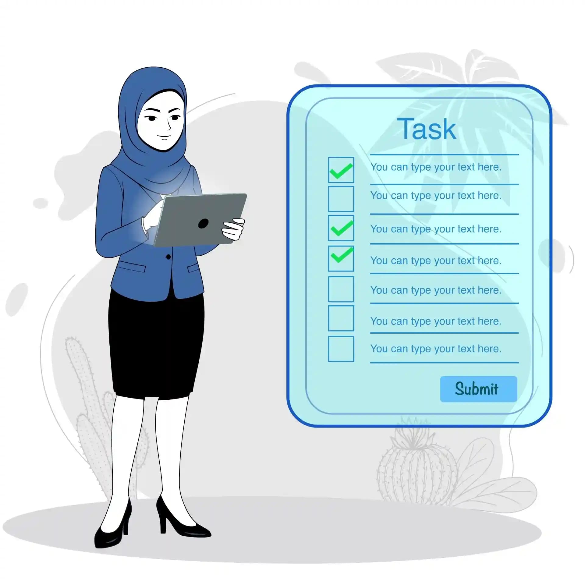 Cute muslim woman using tablet animated vector cartoon character AKA Aisha