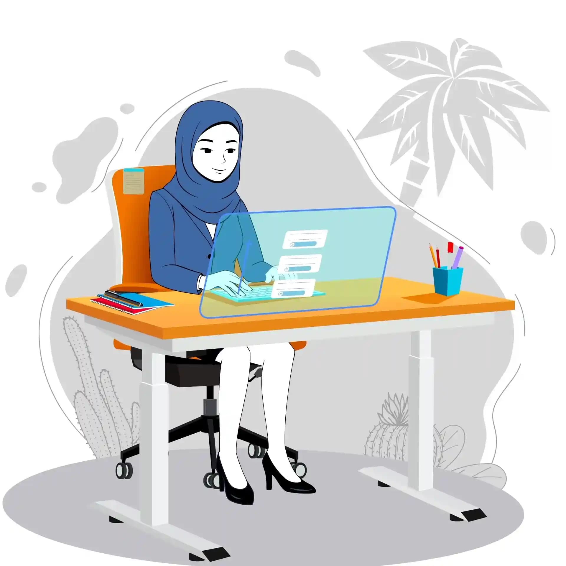 Cute muslim woman working on system animated vector cartoon character AKA Aisha