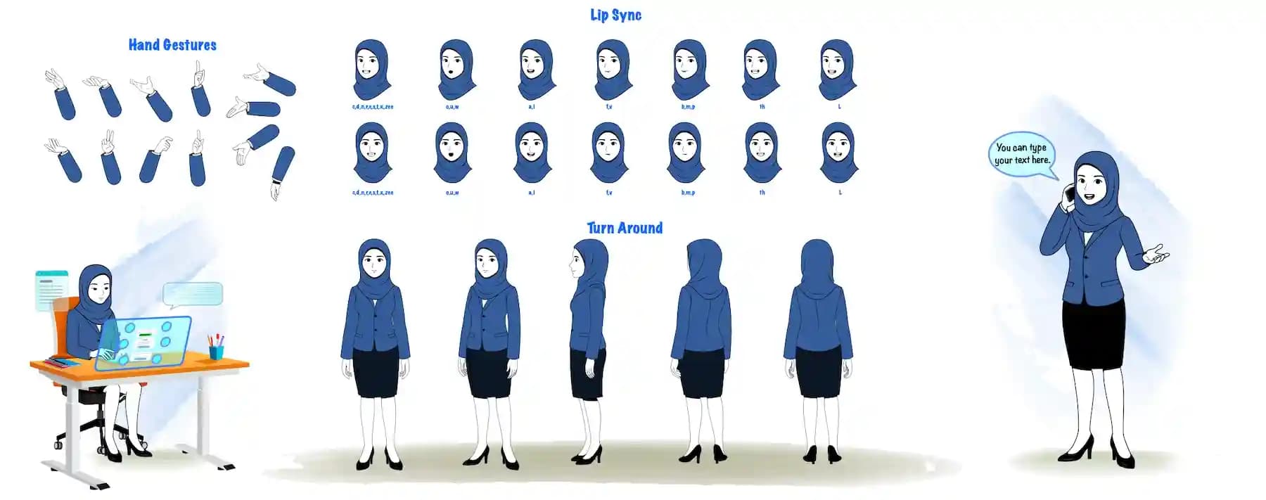 Cute Muslim Woman Animated Vector Cartoon Character Model Sheet with Hand Gestures, Lipsync & Turnaround AKA Aisha