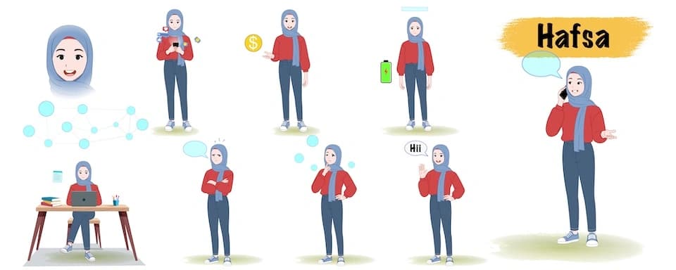 Casual muslim girl animated vector cartoon character model sheet AKA Hafsa