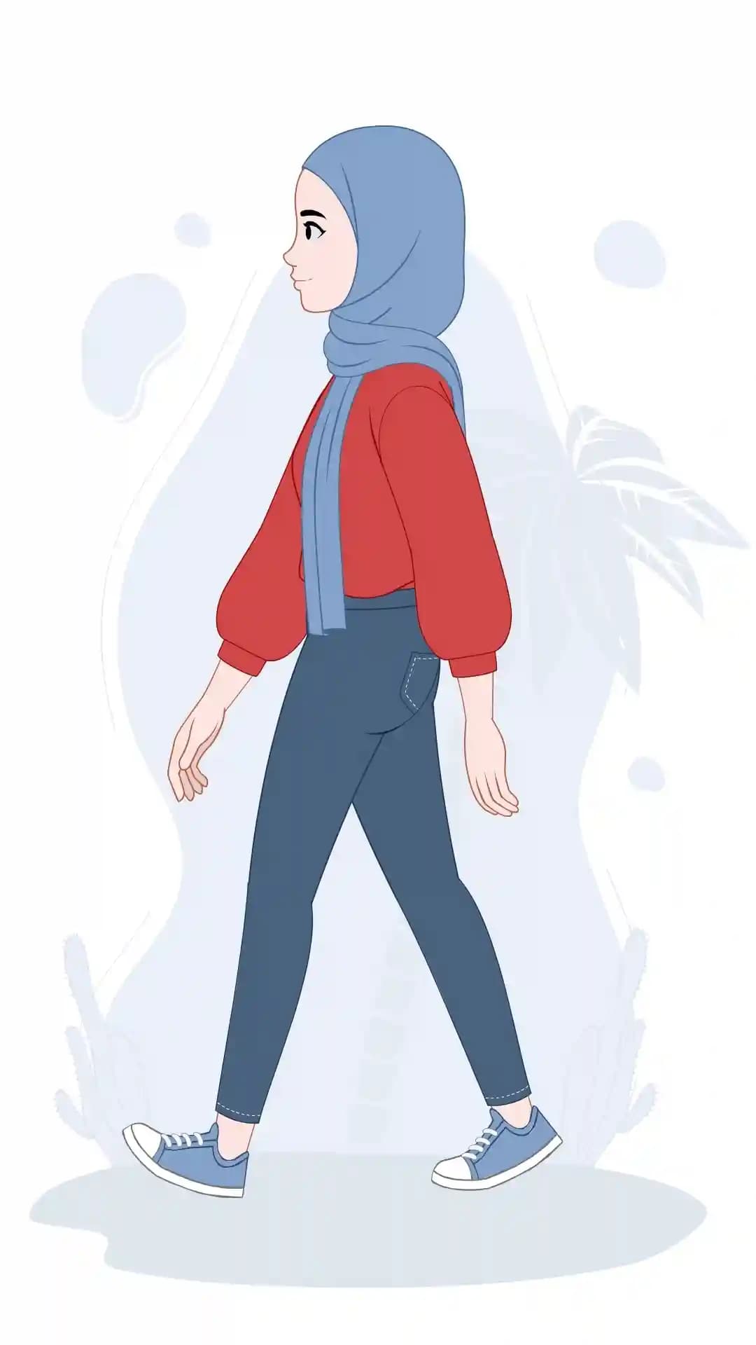 Casual muslim girl side walk animated vector cartoon character AKA Hafsa