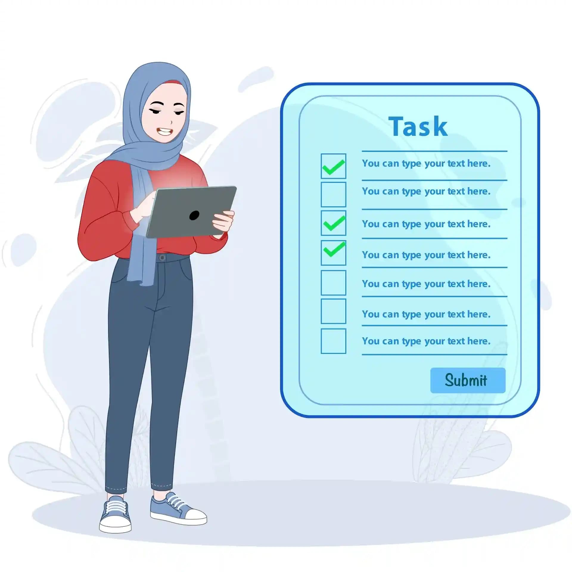 Casual muslim girl using tablet animated vector cartoon character AKA Hafsa