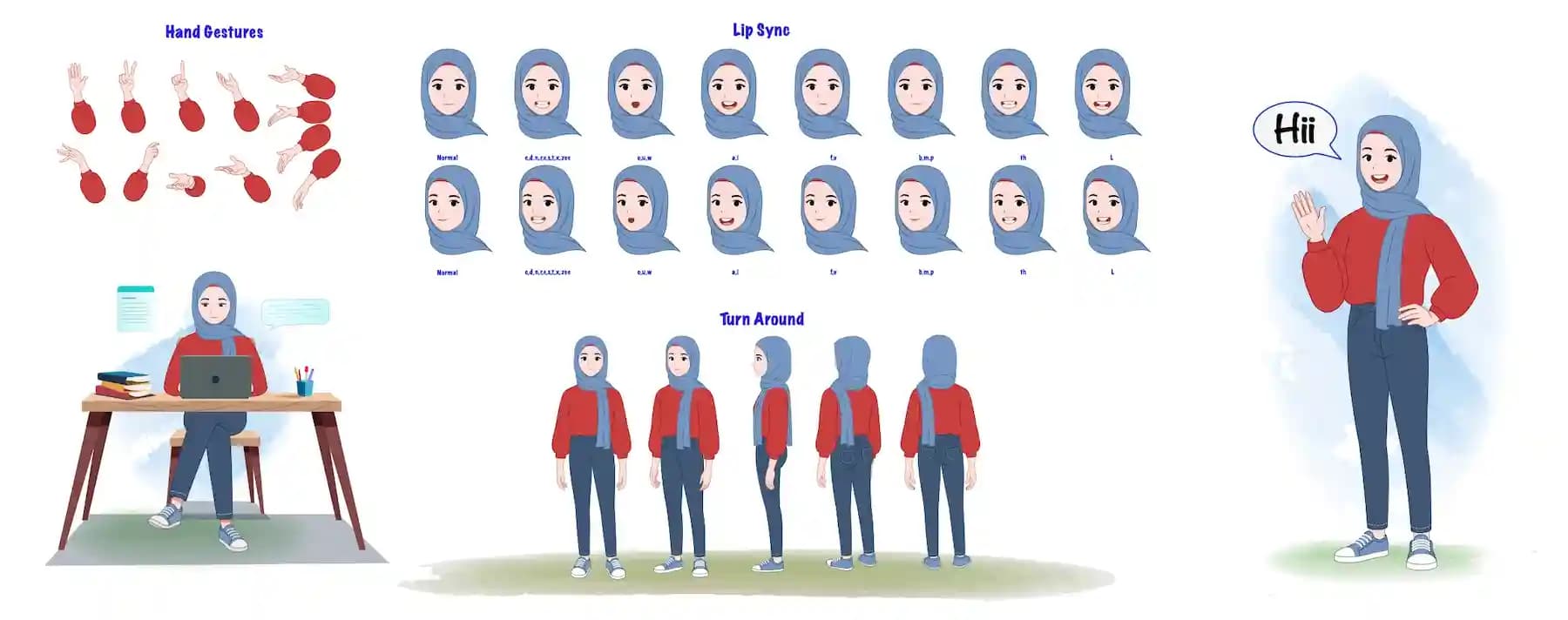 Casual Muslim Girl Animated Vector Cartoon Character Model Sheet with Hand Gestures, Lipsync & Turnaround AKA Hafsa
