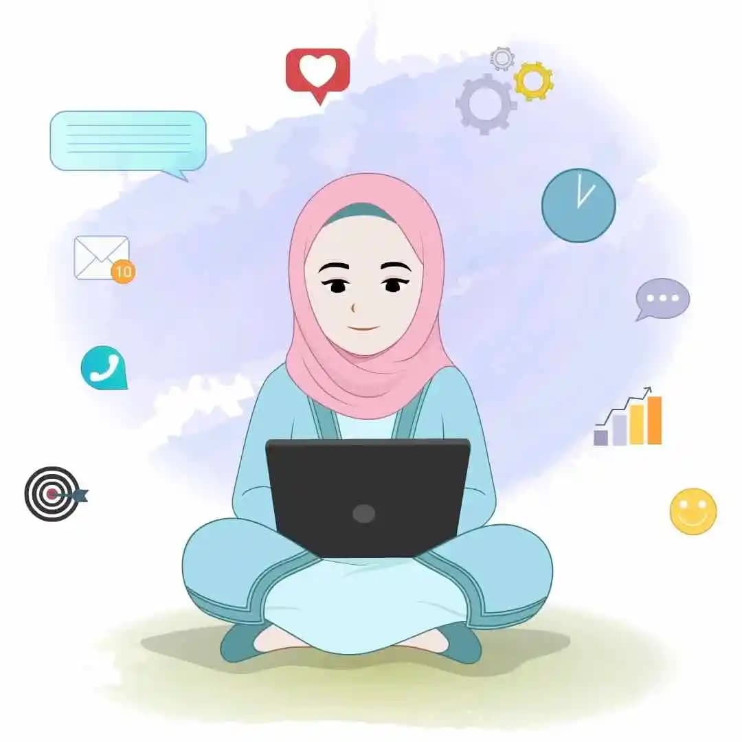 Cartoon Islamic woman hijab character working animated pose AKA Zara