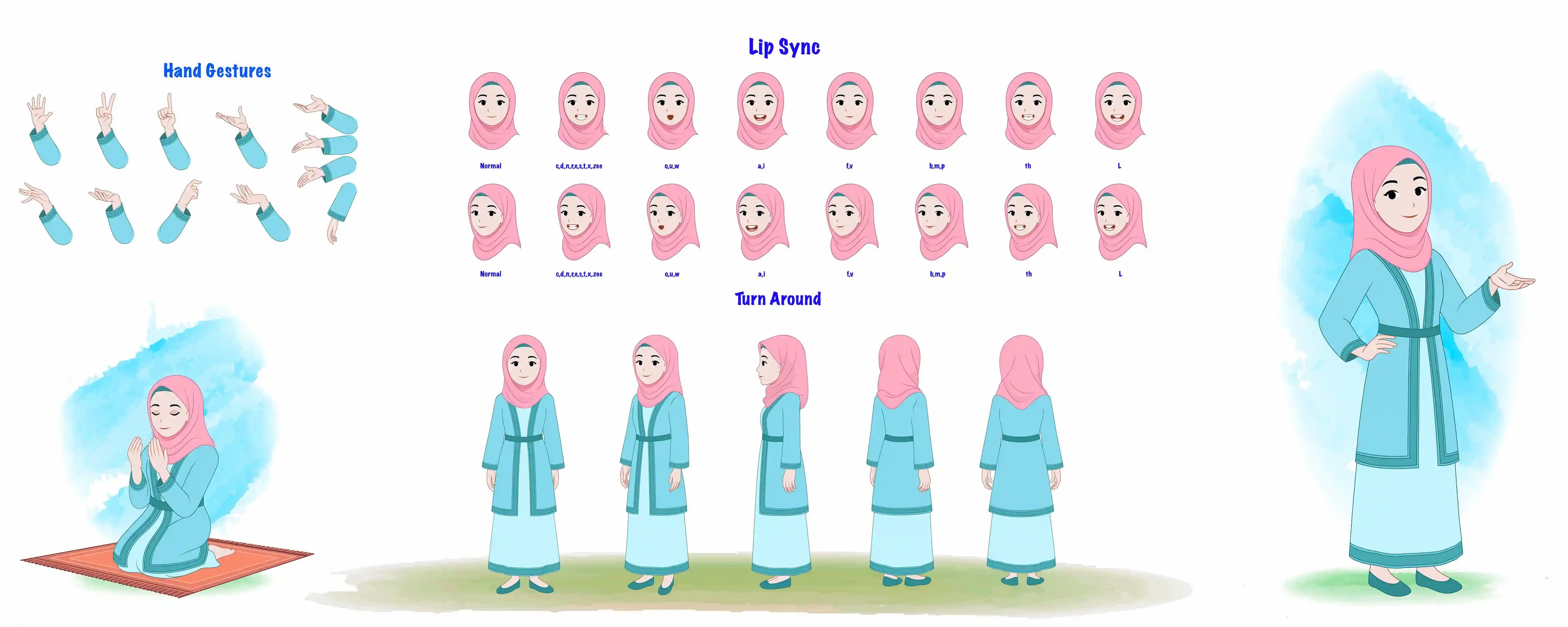 Cartoon Islamic woman hijab character model sheet & turn around poses AKA Zara