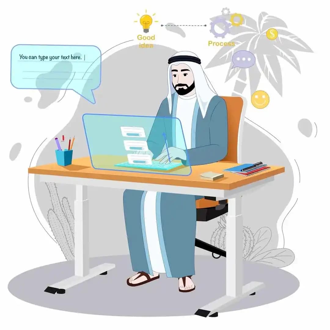Cartoon arab sheikh character working animated vector pose AKA Khalid