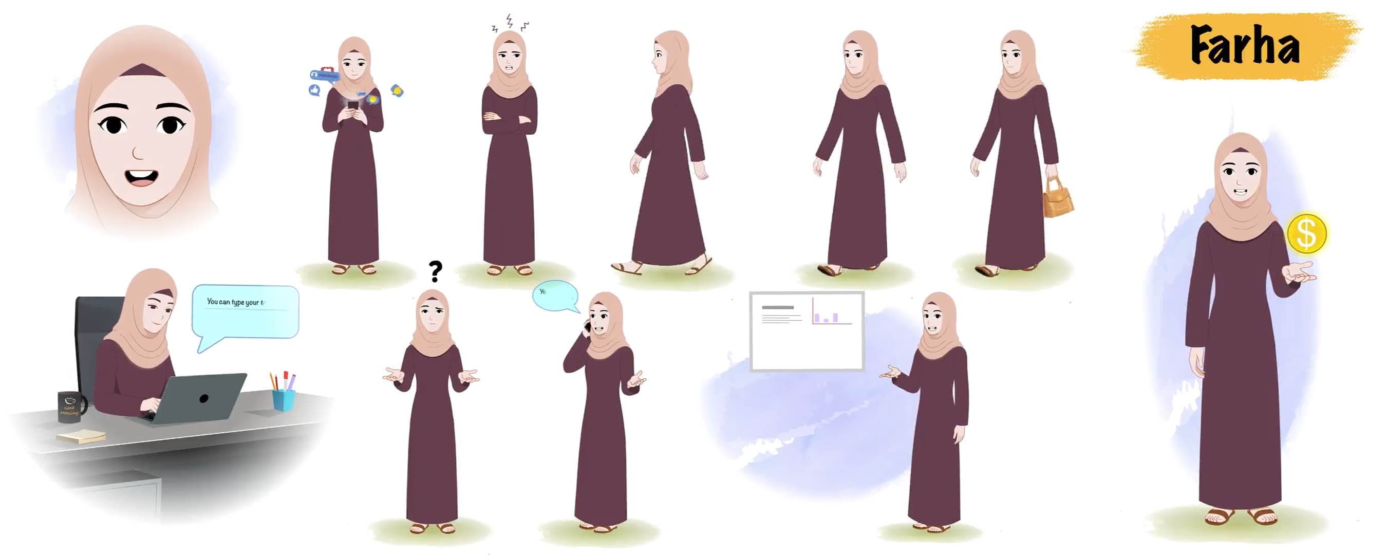Female Muslim hijab character animated vector model sheet
