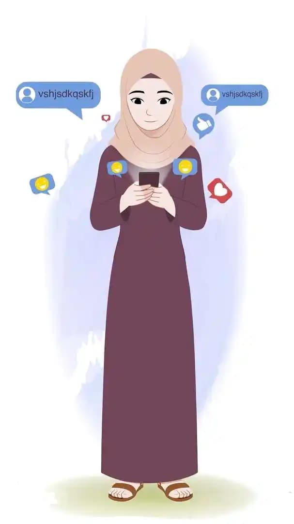 Female Muslim hijab character using mobile animated vector AKA Farha