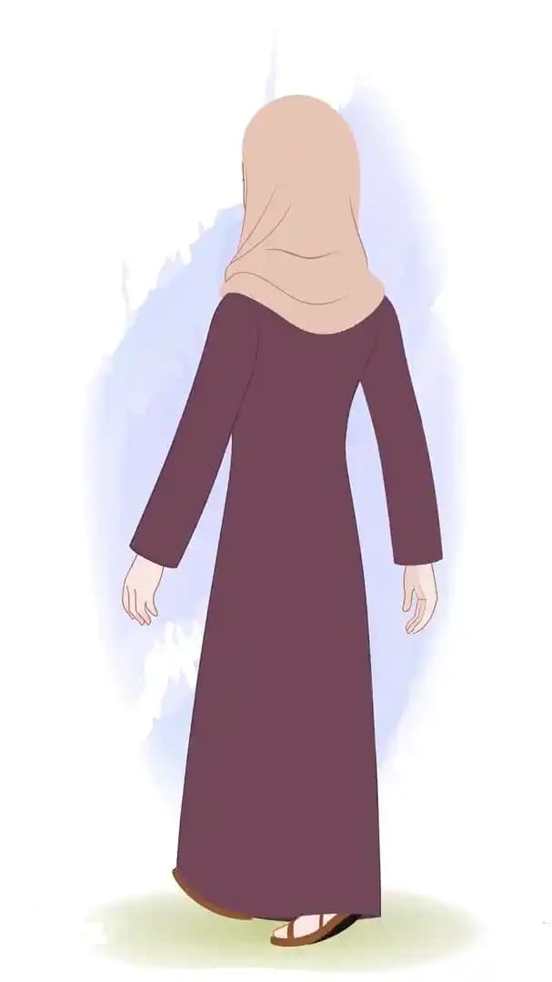 Female Muslim hijab character walking in back third view animated vector AKA Farha