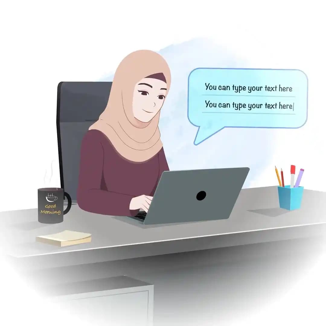 Female Muslim hijab character working animated vector AKA Farha