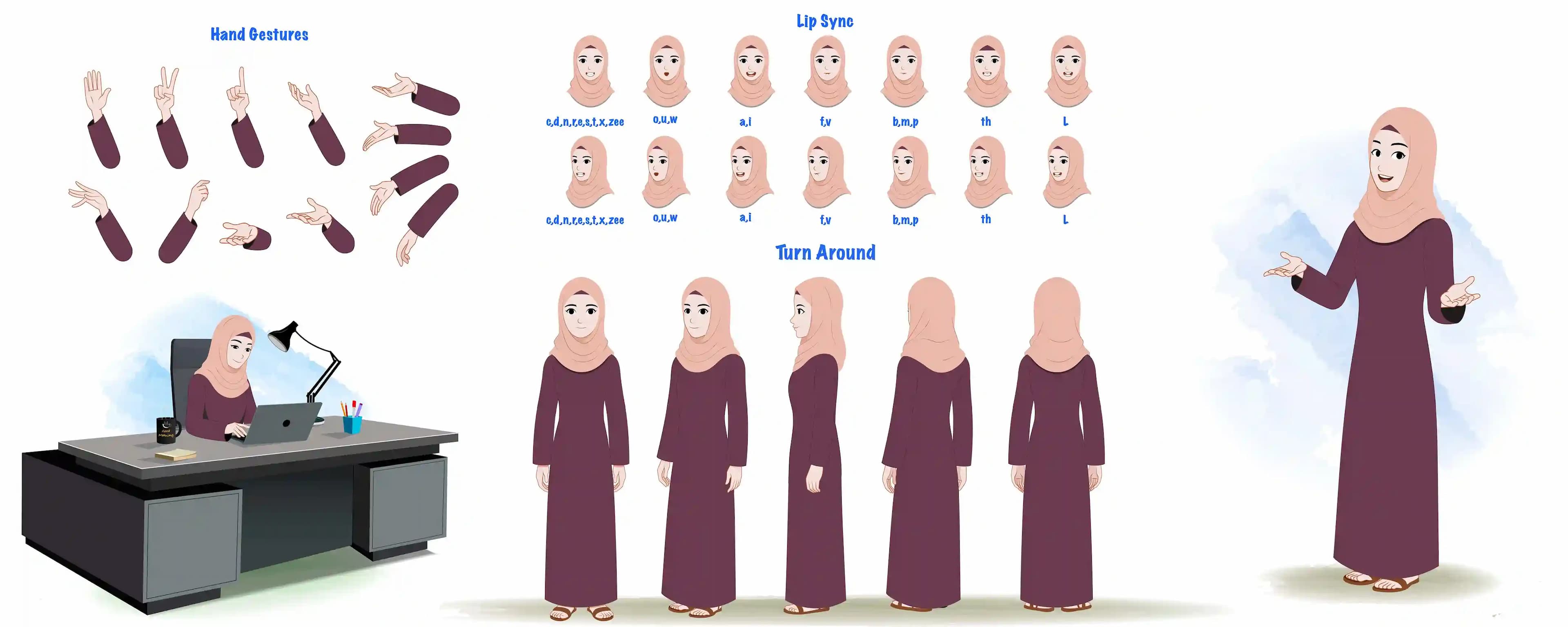 Female Muslim hijab character model sheet & construction design set for animation AKA Farha