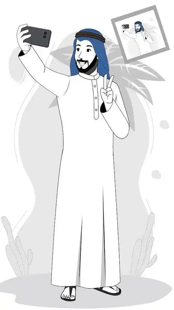 Young arabic Sheikh character taking selfie animated vector pose AKA Ali