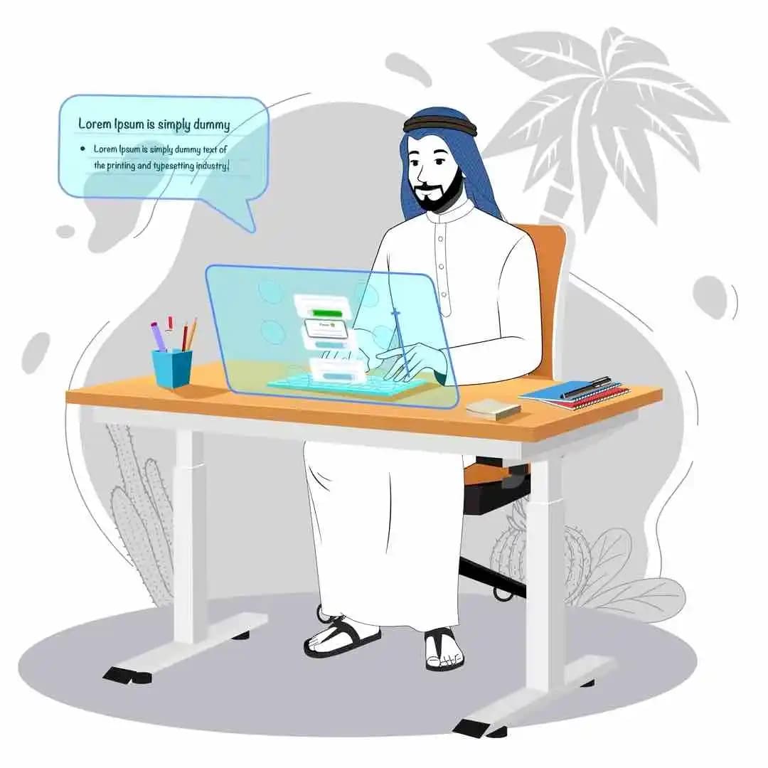 Young arabic sheikh character working animated vector AKA Ali