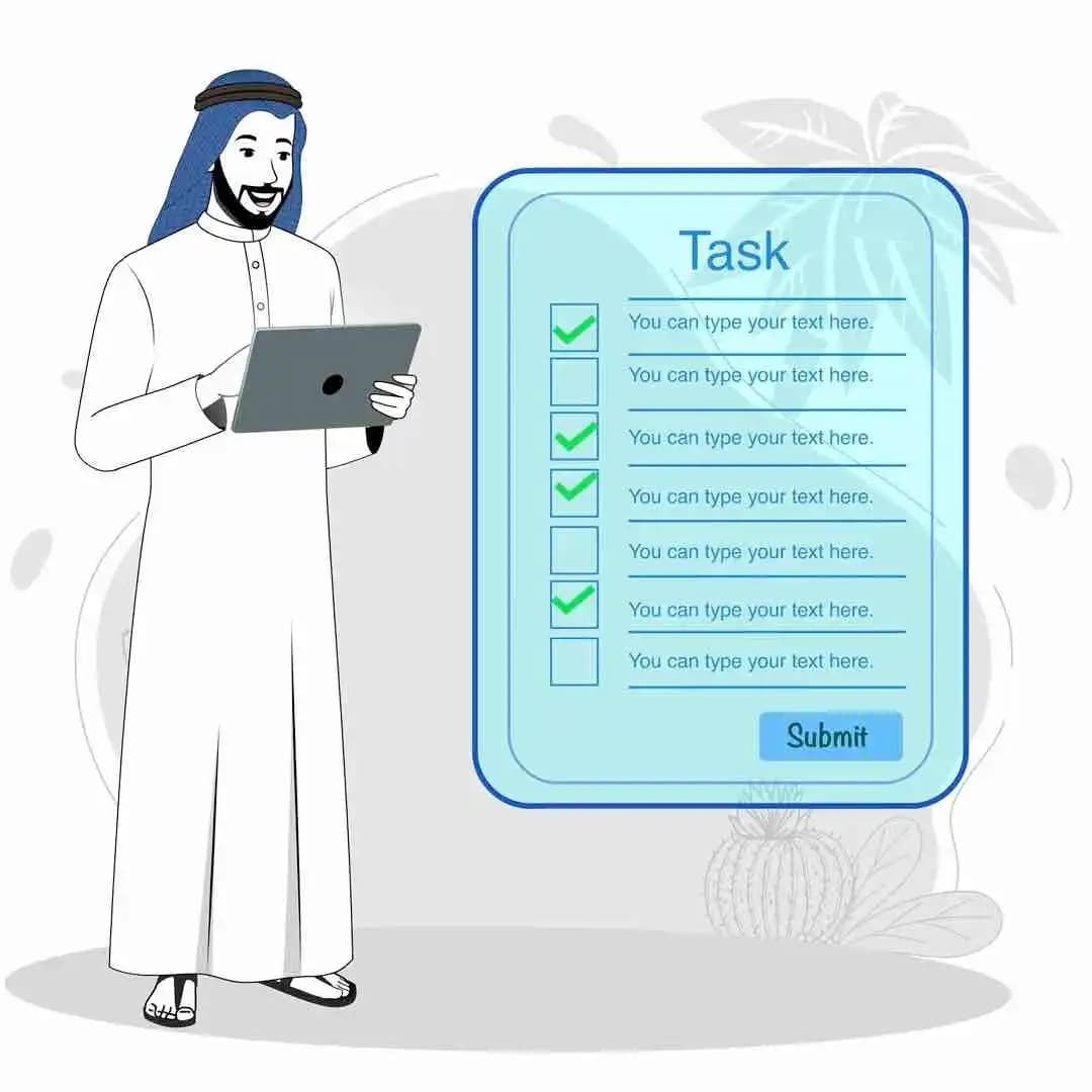 Young arabic sheikh character using tablet animated vector AKA Ali