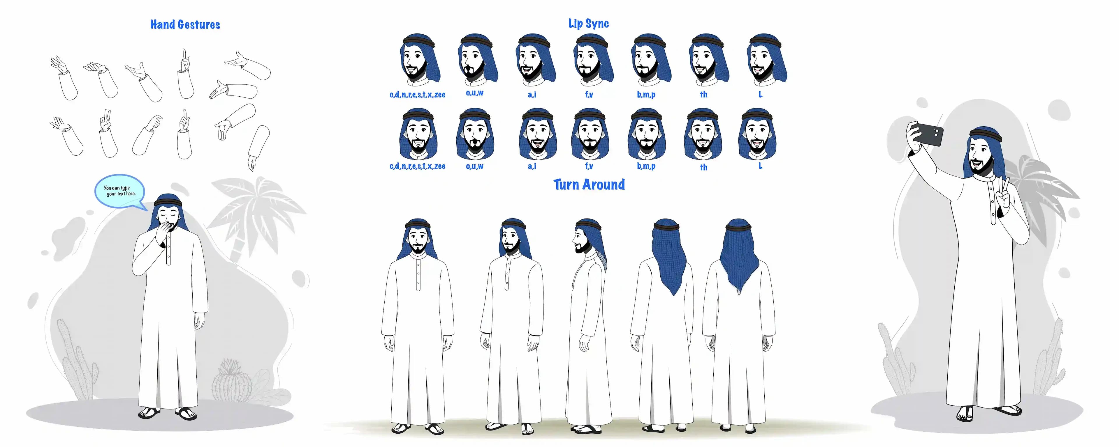 Young arabic sheikh character model sheet & design set for animation AKA Ali