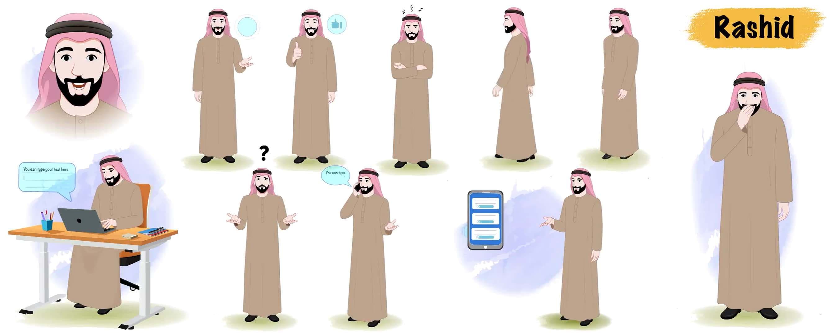 Arabic businessman character cartoon vector animated model sheet