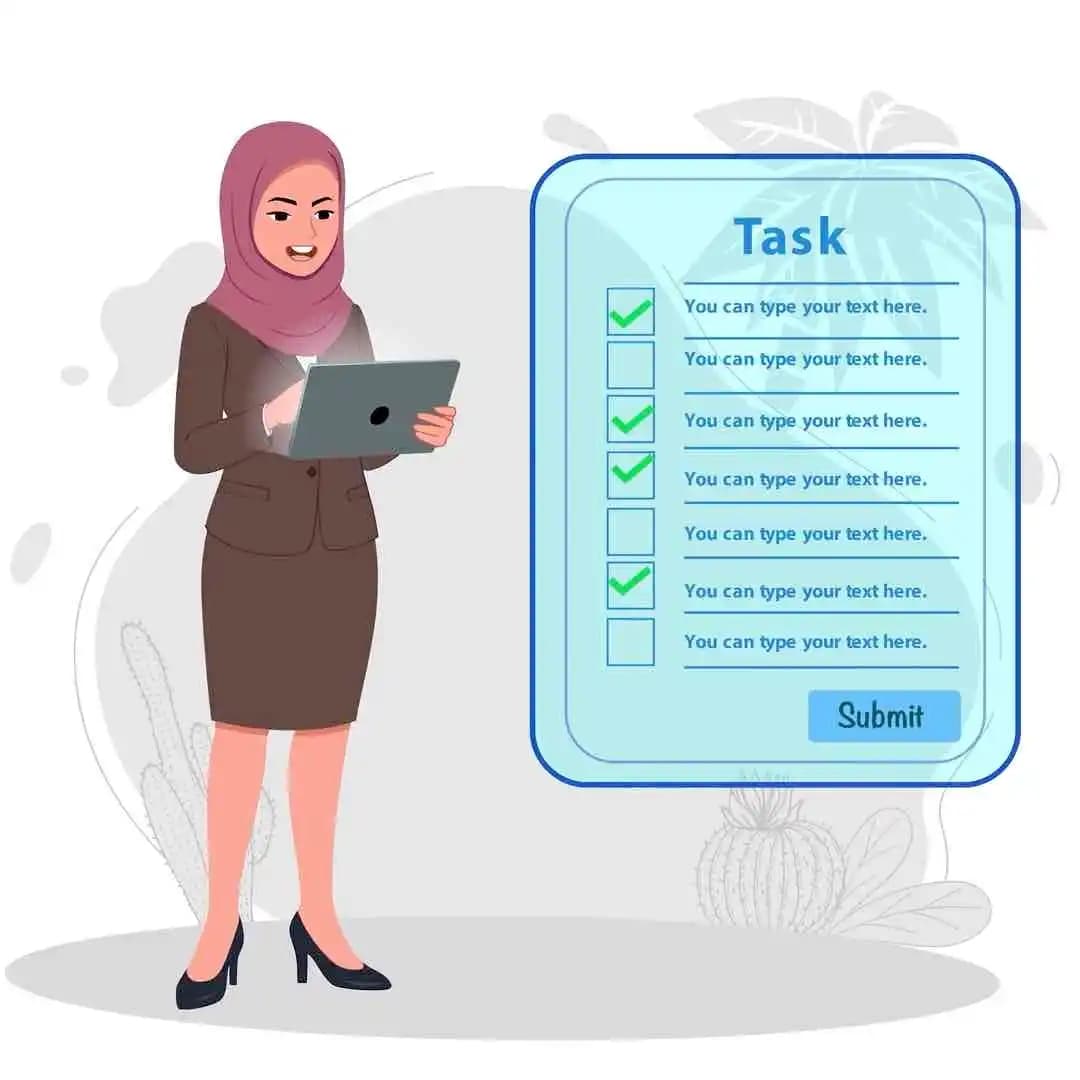 Muslim teacher hijab character using tablet animated vector AKA Aiza