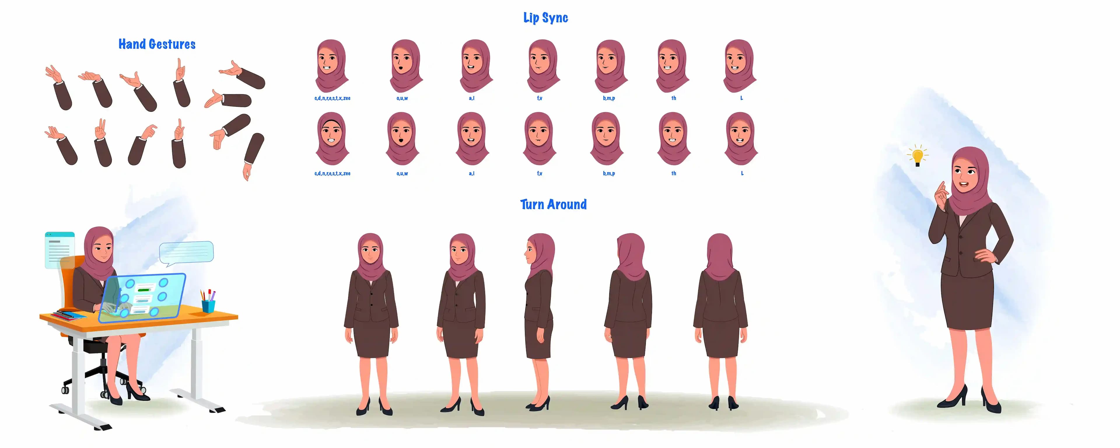 Muslim teacher hijab character model sheet & construction design set AKA Aiza