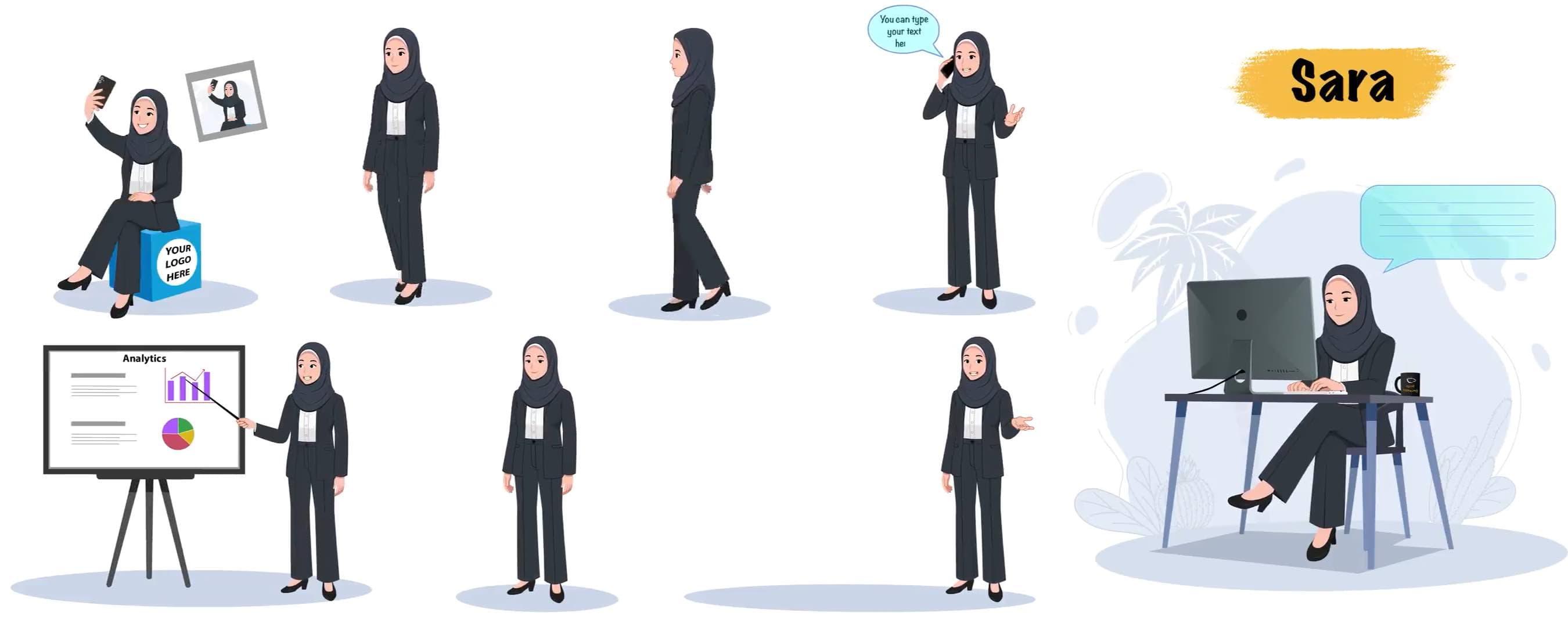 Hijab character woman in business attire animated model sheet vector