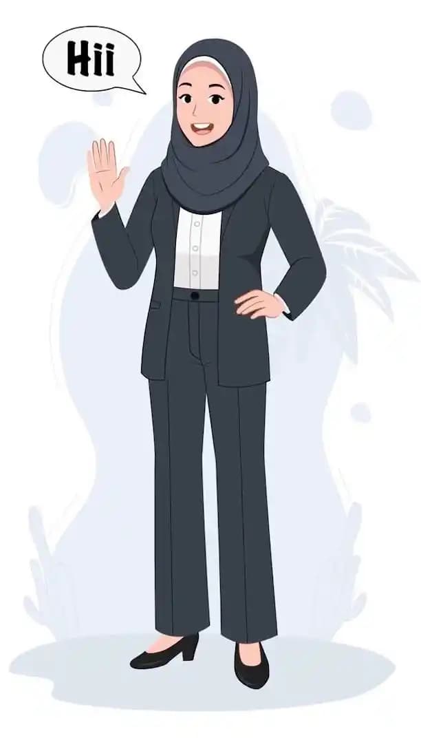 Hijab character woman in business attire saying hi animated cartoon vector AKA Sara