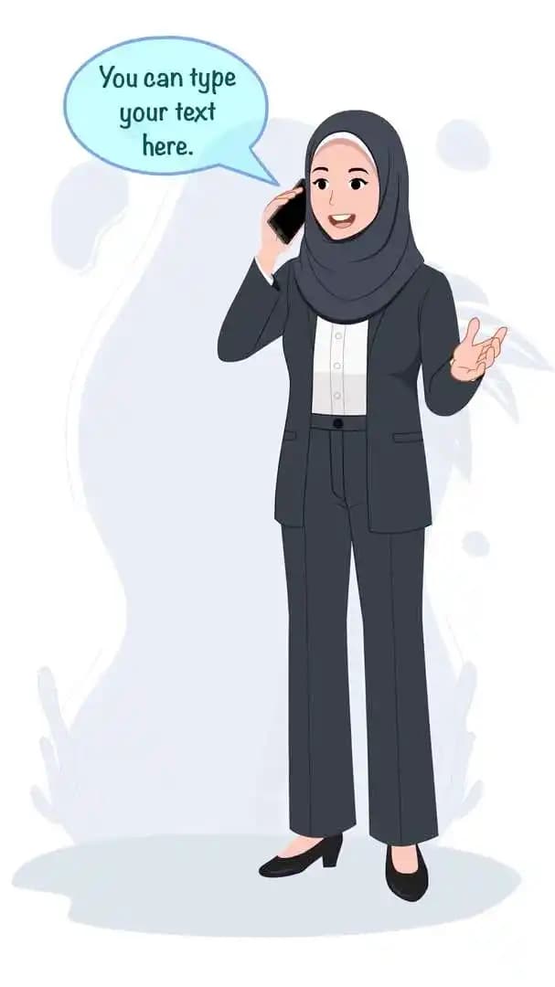 Hijab character woman in business attire talking on phone animated cartoon vector AKA Sara