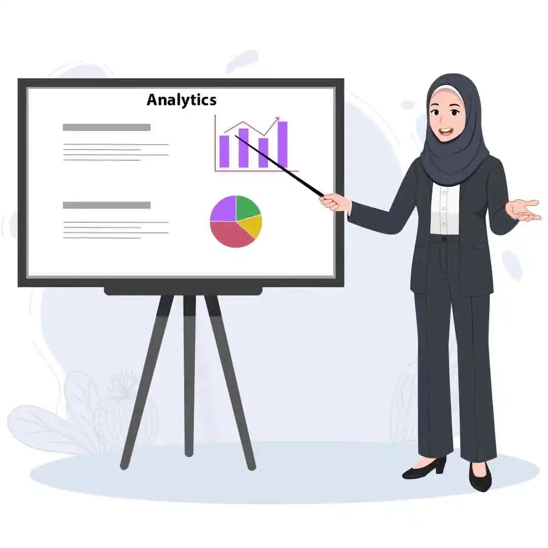 Hijab character woman in business attire giving presentation animated cartoon vector AKA Sara