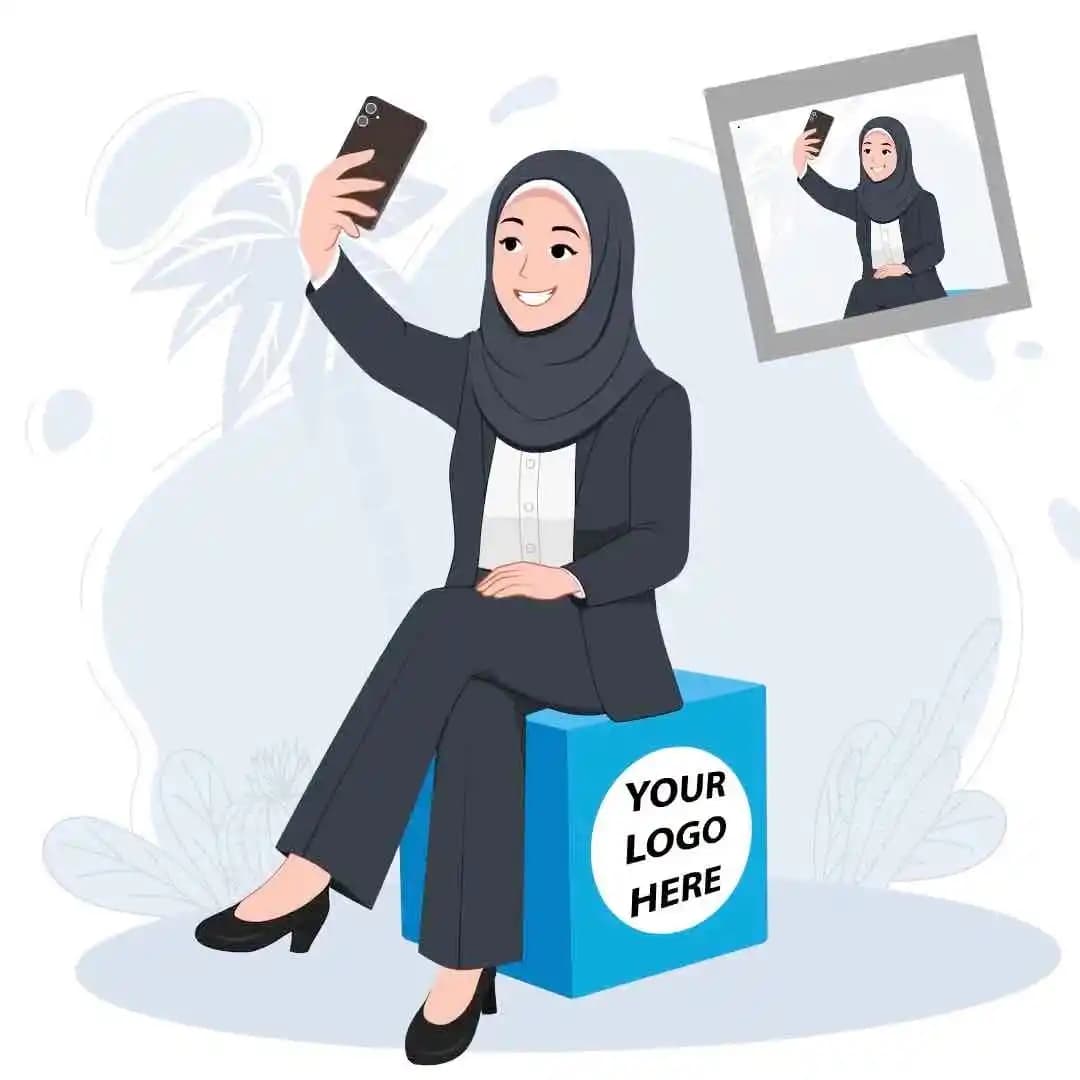 Hijab character woman in business attire taking selfie animated cartoon vector AKA Sara