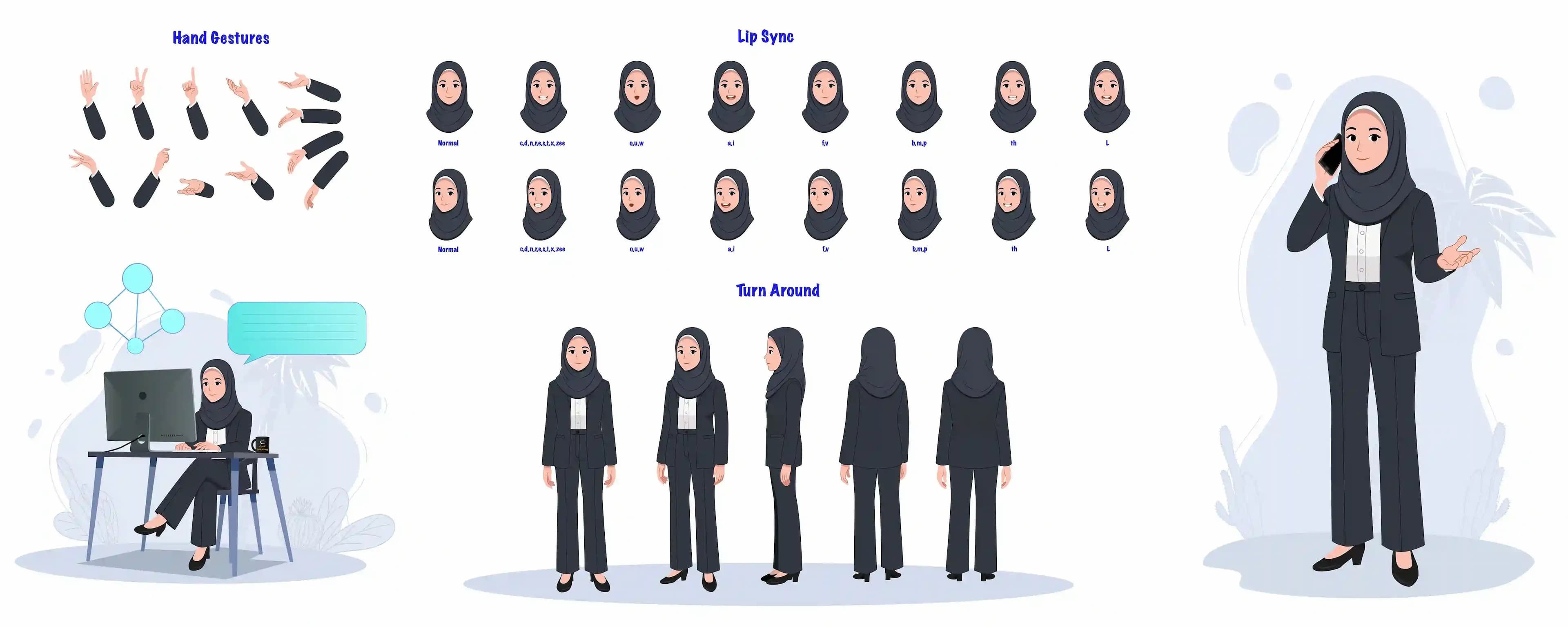 Hijab character woman in business attire vector model sheet &. design set AKA Sara
