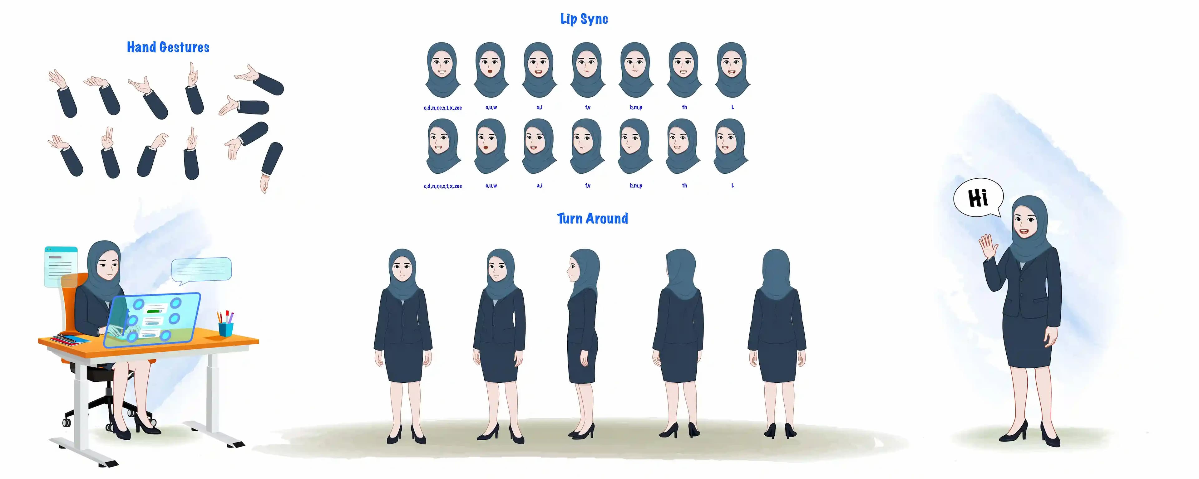 Muslim woman office character model sheet & turn around poses AKA Zainab