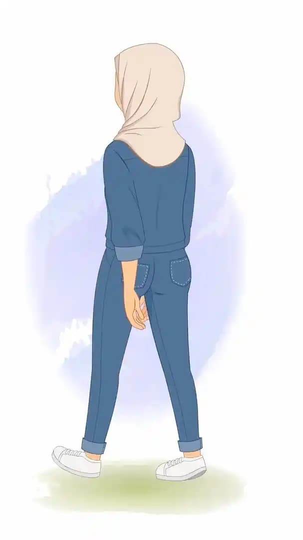 Hijab character in casual clothes walking in back third view animated vector AKA Mahira
