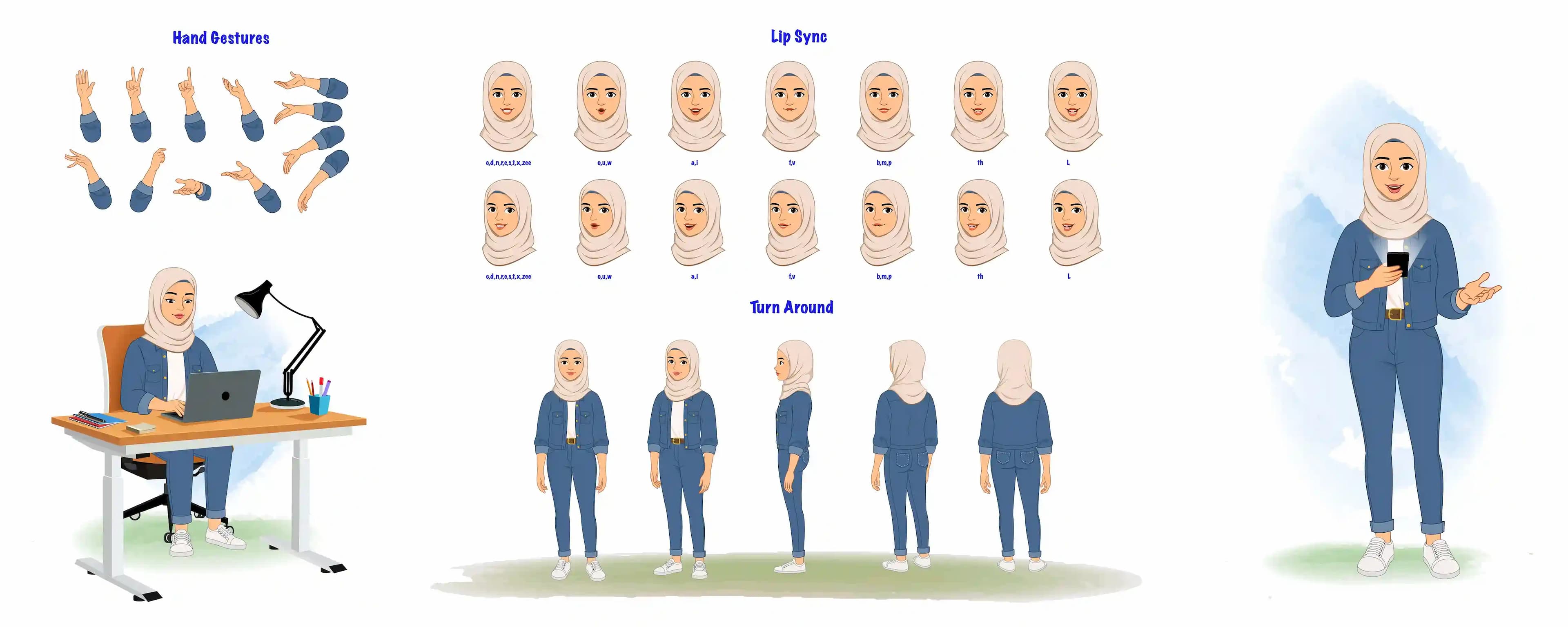 hijab characters in casual clothes model sheet & turn around set for animation AKA Mahira