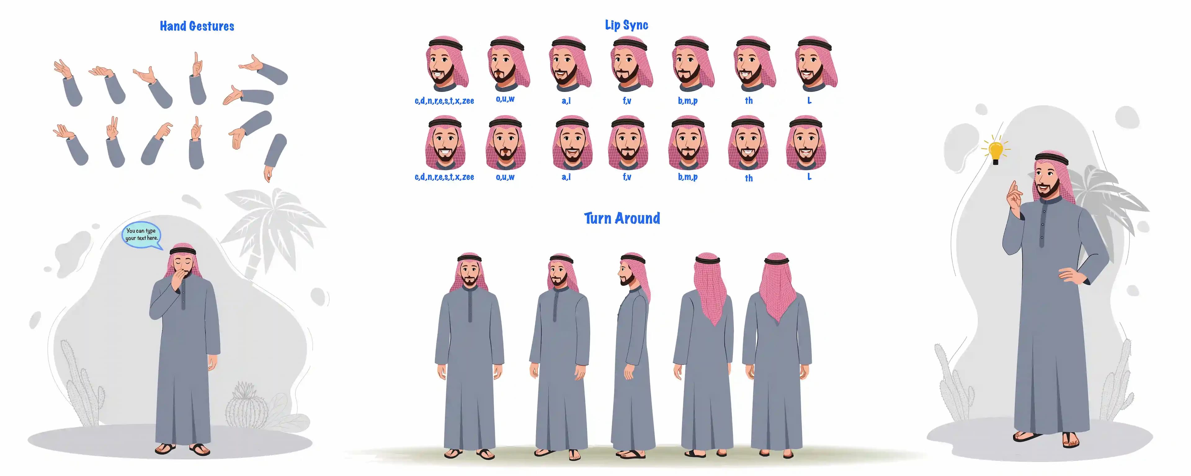 Cartoon male arab character model sheet & turn around set for animation AKA Yusuf