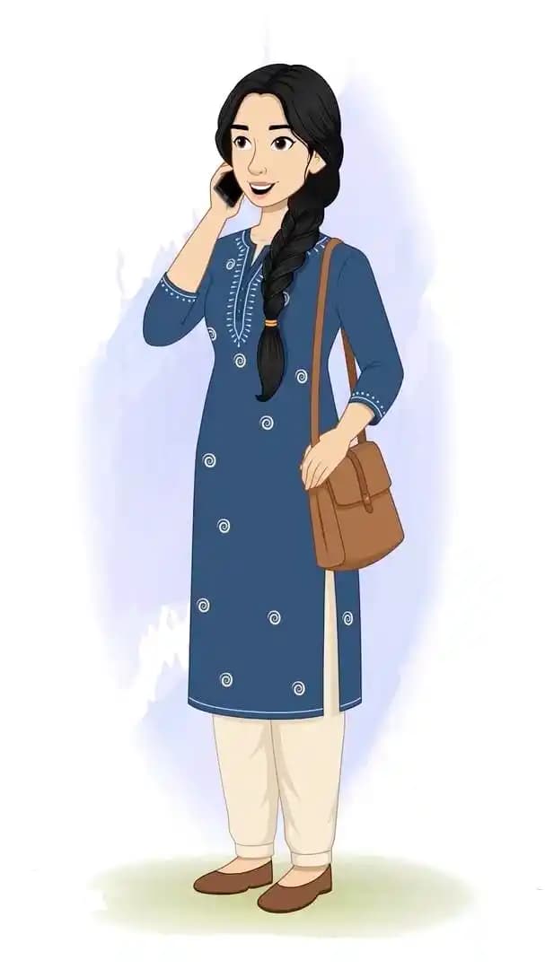 Young girl talking on phone call animated vector cartoon character AKA Gauri